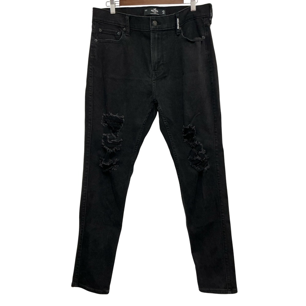 Hollister Taper Advanced Stretch Black Distressed Ripped Jeans Mens 34x32